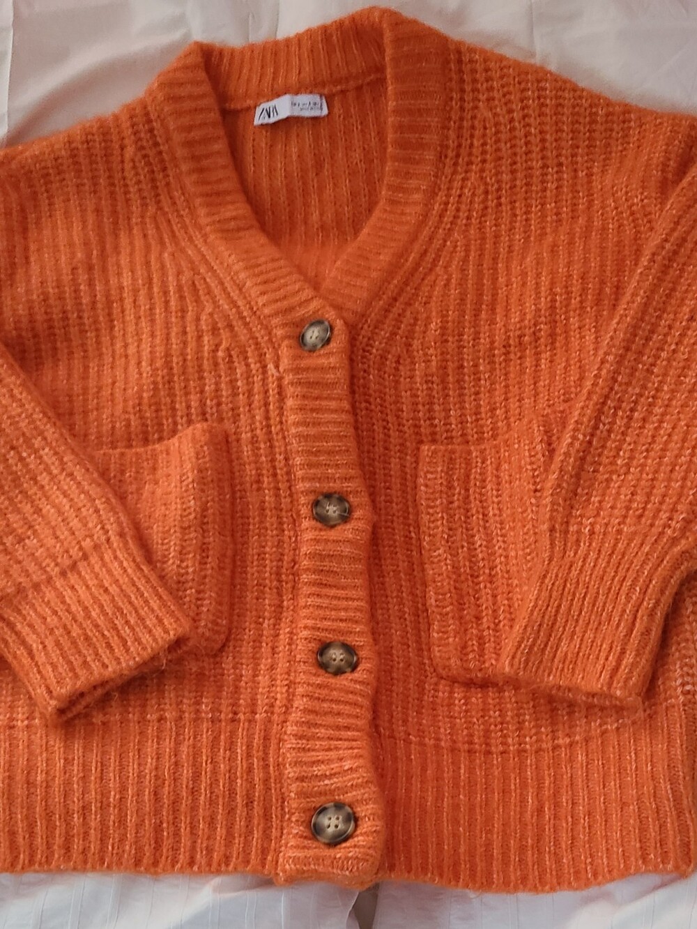 Zara Bright Orange Ribbed V-Neck Button Cardigan